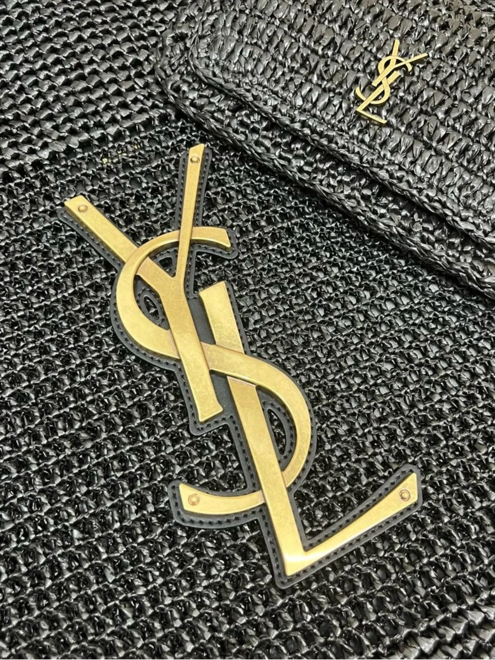Saint Laurent Black Woven Tote with Gold YSL Accent and Matching Wallet